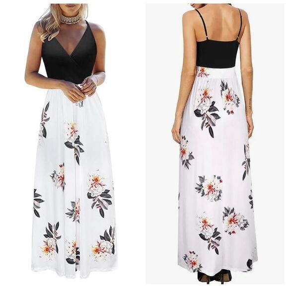 V Neck Spaghetti Strap Floral Long Maxi Dress with Pockets sz S - Picture 1 of 8